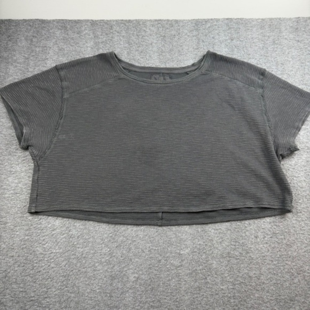 Aerie Crop Top Women's Large Gray Waffle Knit Short Sleeve‎ Boxy Raw Hem Tee